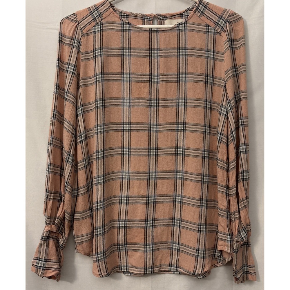 LOFT Women's‎ Sz XS Pink Plaid 100% Rayon Long Sleeve Keyhole Blouse